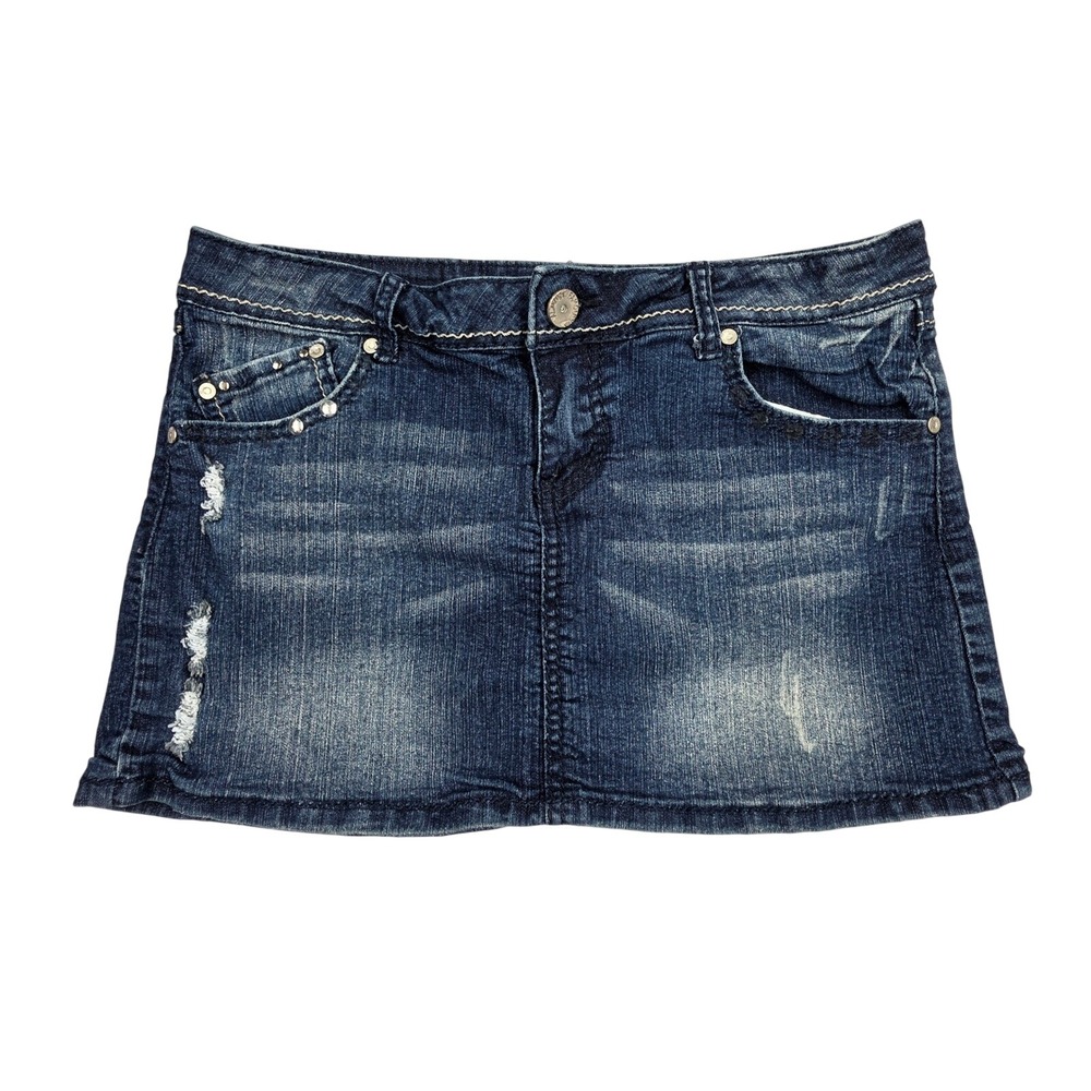 Almost Famous Distressed Denim Mini Skirt Dark Wash Rhinestone Studded Size 13
